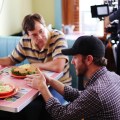 Actor Mark Duplass (left) and director Charlie McDowell (right) prepare to shoot one of the film’s few scenes away from the main house&nbsp;location.