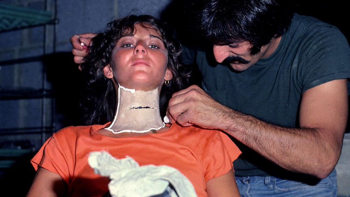 Tom Savini crafts Annie's neck appliance on the set of Friday the 13th