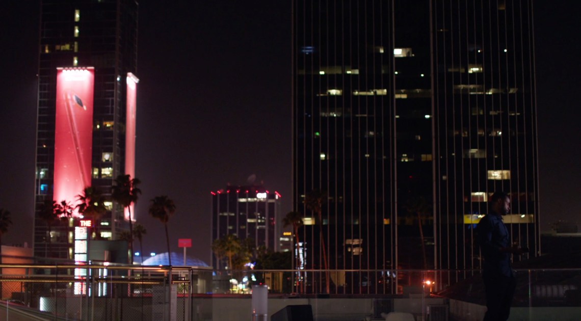 location - rooftop, night exterior