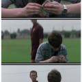 The Faculty (1998) – Jump Scare: Elijah Wood stoops down to examine a worm found on the football field. When he stands up in a wider shot, football coach Robert Patrick looms behind&nbsp;him.