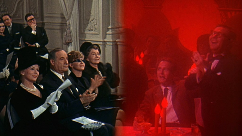 A split-screen image featuring a formal audience applauding on the left, dressed in elegant attire with a woman in a black hat and gloves in the foreground, and a lively nightclub scene on the right with patrons enjoying the performance and applauding.