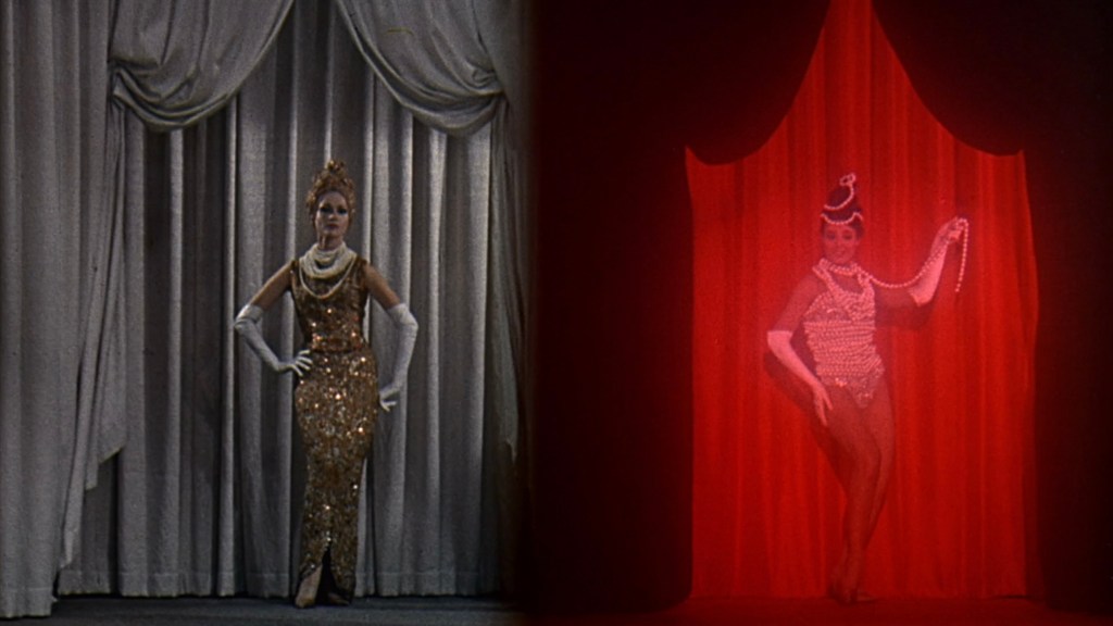 A split image featuring two performers on stage. On the left, a woman in a sparkling gold dress and gloves poses confidently. On the right, a woman dressed in a revealing outfit adorned with pearls strikes a pose against a bright red curtain.