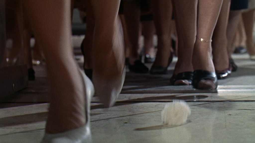 Close-up of women's legs in heels walking, with a white feather lying on the floor.