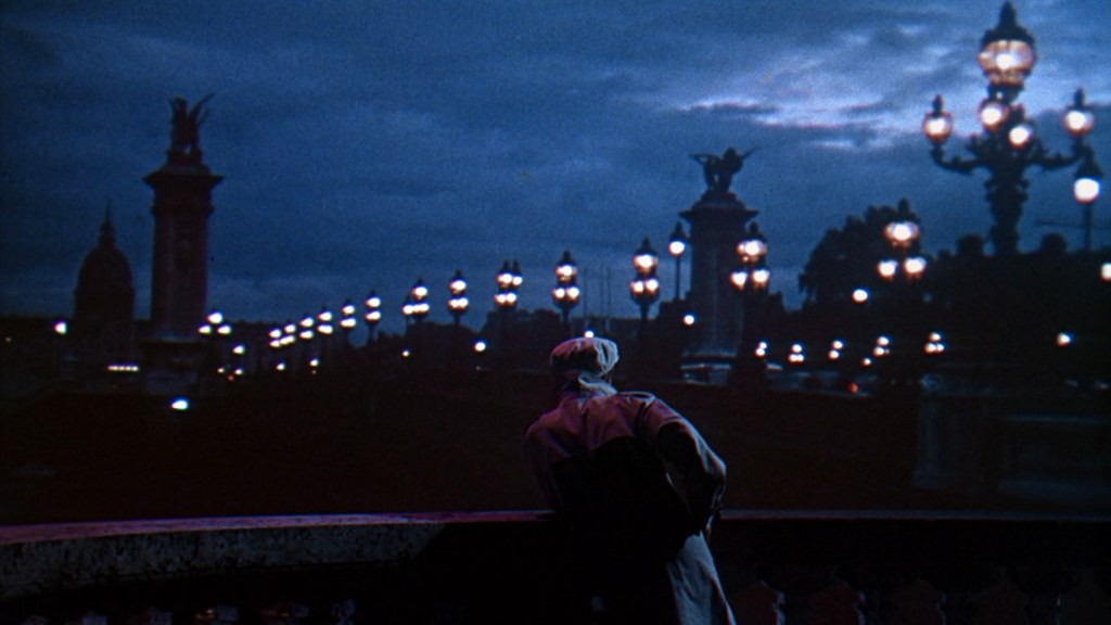 A person in a trench coat gazes out over a dimly lit cityscape, illuminated by street lamps, with statues and architecture in the background against a twilight sky.