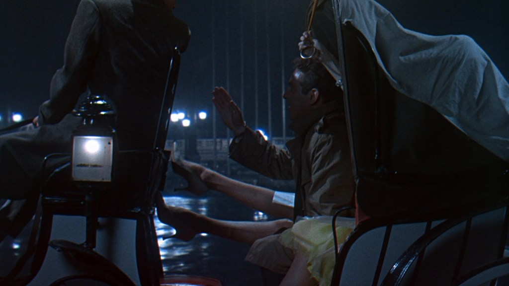 A romantic scene on a rainy night featuring a couple in a horse-drawn carriage, with one person reaching out towards the other.