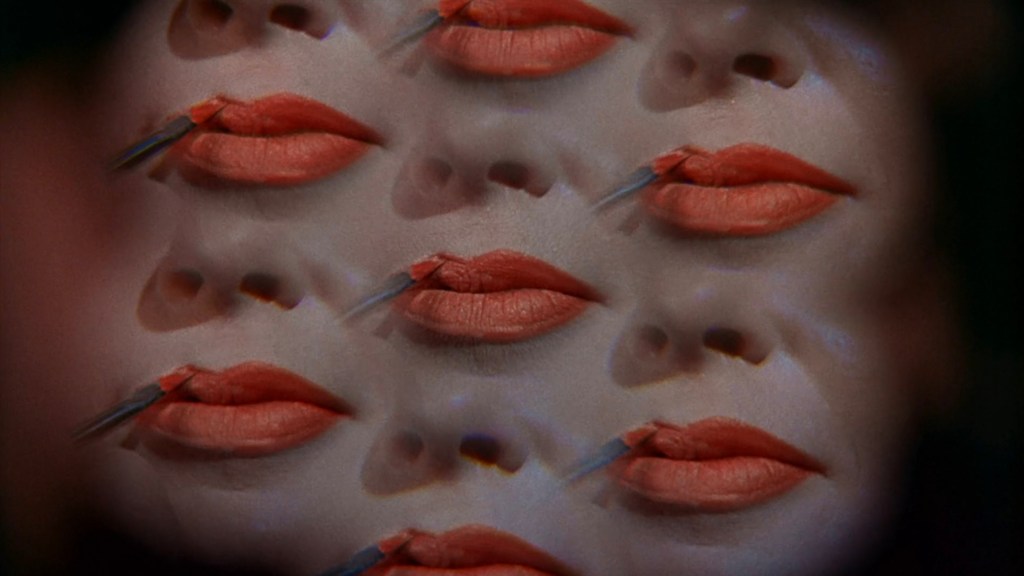 A collage of lips with vibrant red lipstick, overlapping and distorted, with an applicator brush visible in some of the images.