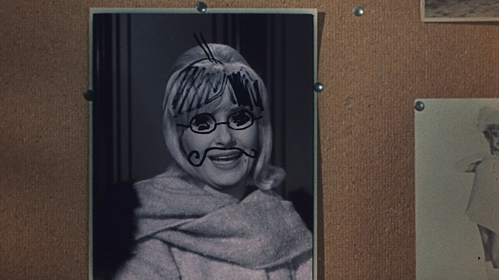 A black and white photograph of a woman with playful doodles, including glasses, a mustache, and hair drawn on her face, displayed on a corkboard.