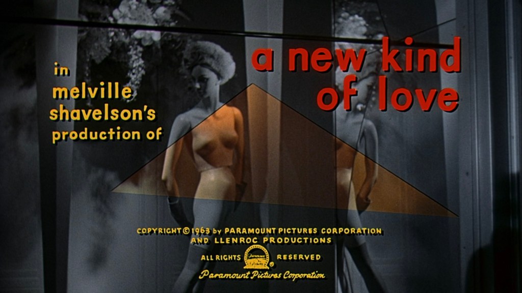 Title card for the film 'A New Kind of Love' produced by Melville Shavelson, featuring stylized text and mannequin imagery.