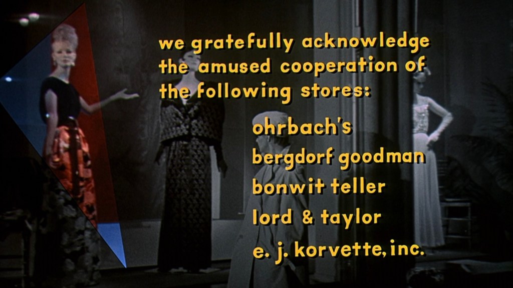 A scene featuring mannequins dressed in fashionable outfits with a written acknowledgment of several stores including Ohrbach's, Bergdorf Goodman, Bonwit Teller, Lord & Taylor, and E.J. Korvette, Inc.