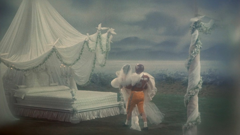 A couple is seen from behind, with the man wearing a football uniform and the woman in a wedding dress, approaching an elegantly draped tent on a scenic background.