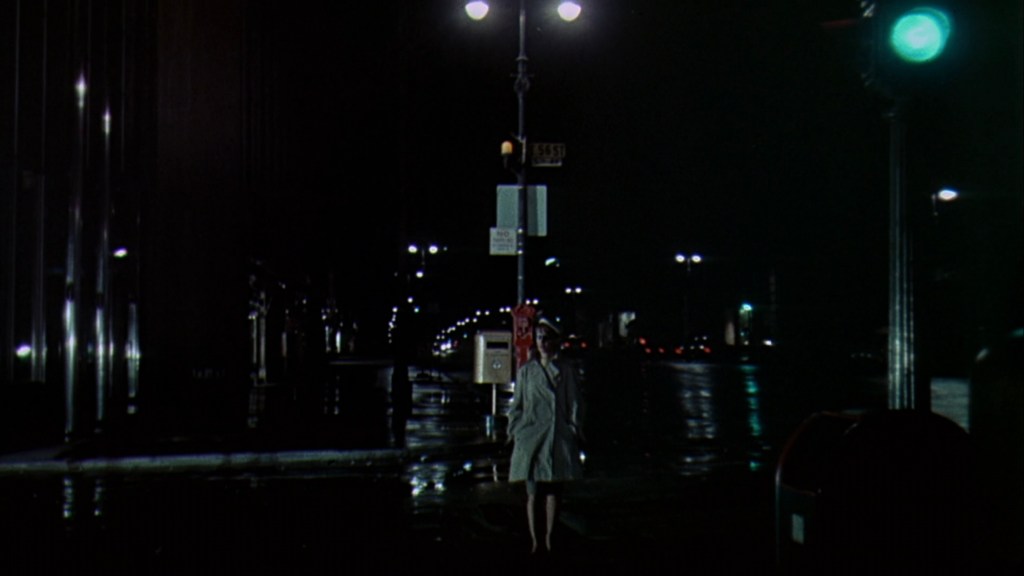 A woman in a light-colored coat stands on a dimly lit street at night, with a green traffic light glowing above her and reflections visible on the wet pavement.