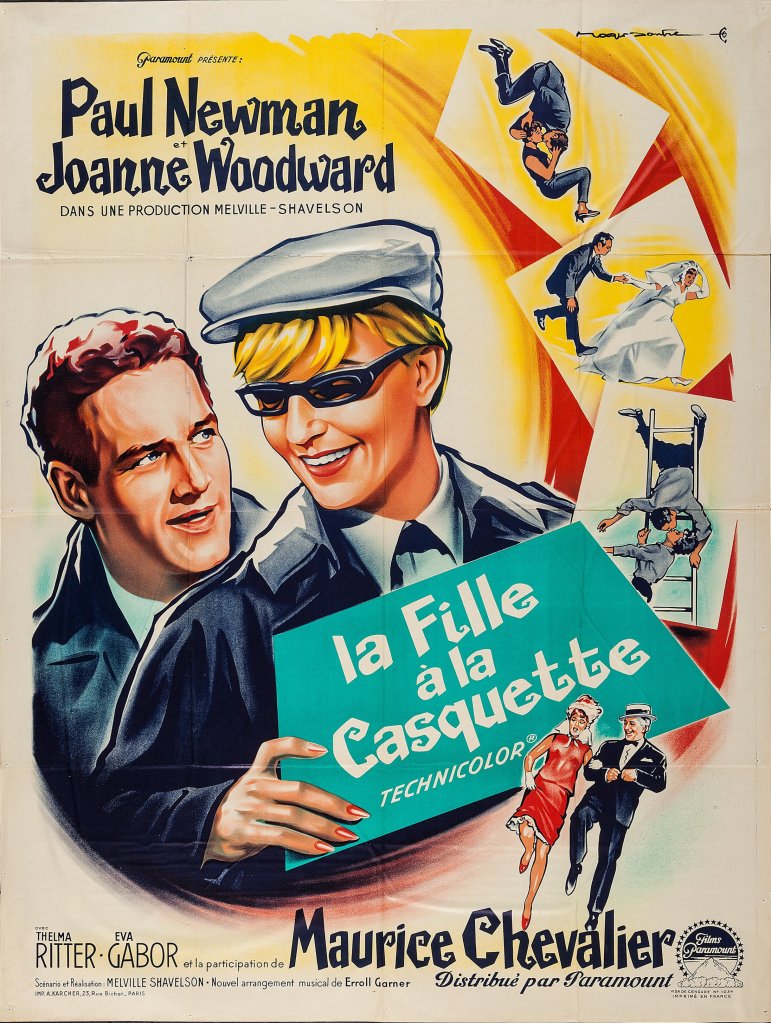 Vintage movie poster featuring Paul Newman and Joanne Woodward, with bright colors and playful illustrations showcasing various characters and scenes from the film 'la Fille à la Casquette'.