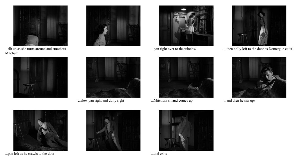 A sequence of black and white stills depicting a woman turning around to smother a man named Mitchum, with various camera movements including pans to the window and door.