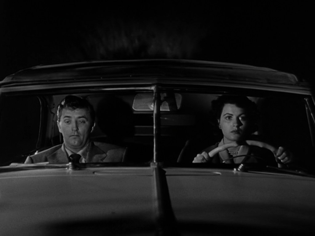 A man and a woman sitting in a car at night, with the woman driving and the man looking thoughtful.