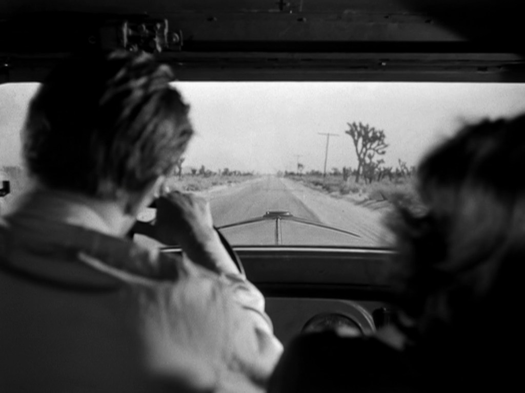 A view from inside a vehicle, showing a person driving on an empty road surrounded by a desert landscape with distant tree silhouettes.