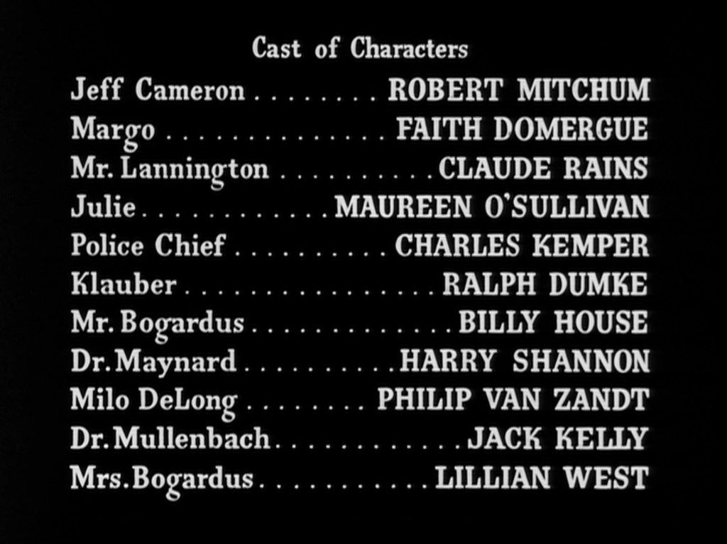 Image of a cast list for a film, featuring character names and corresponding actors' names on a black background.