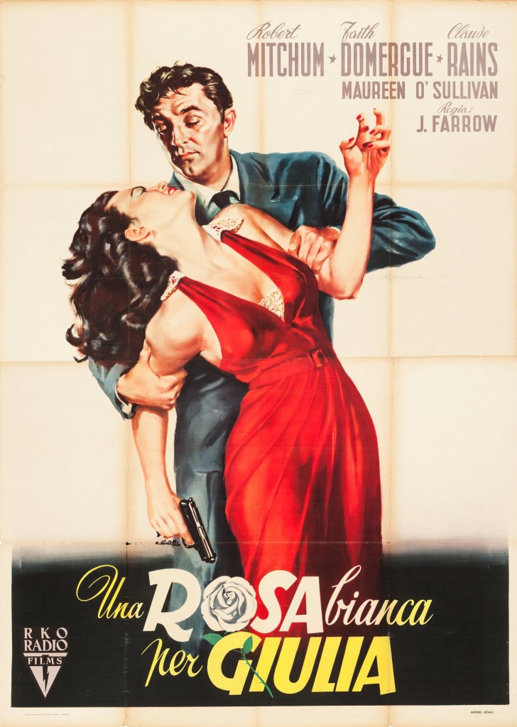 Vintage movie poster for 'Una Rosa bianca per Giulia' featuring a man and a woman in a dramatic pose, with the woman in a red dress and the man in a blue suit. The background is light and the title and credits are prominently displayed.