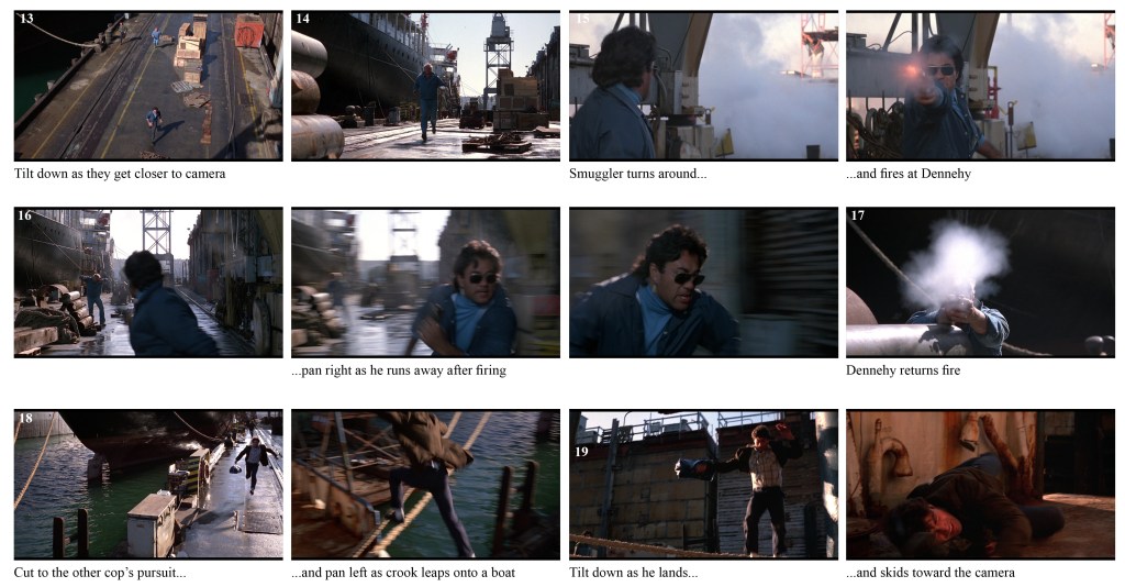 A chase scene on a dock with a smuggler running towards the camera.