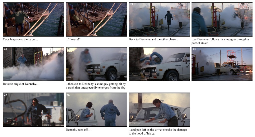 A police officer leaps onto a barge while shouting 'Freeze!' during a chase.