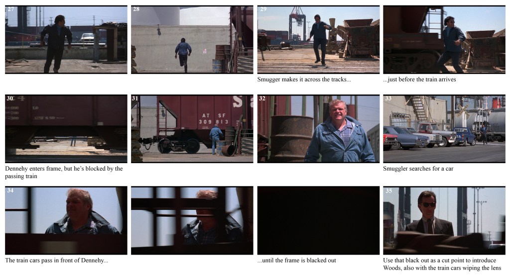 Smuggler running across the tracks in a busy port area.