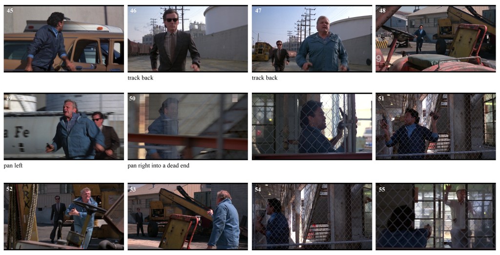 A sequence of action shots featuring characters running in various directions in a gritty urban setting.