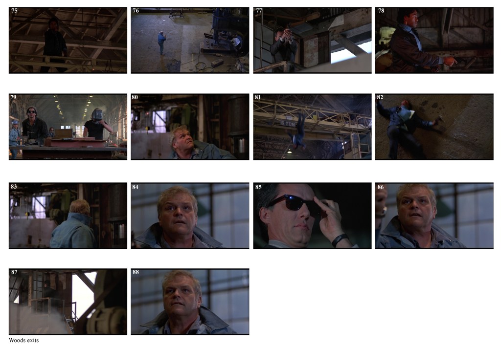 A character standing on a high beam in an industrial setting.