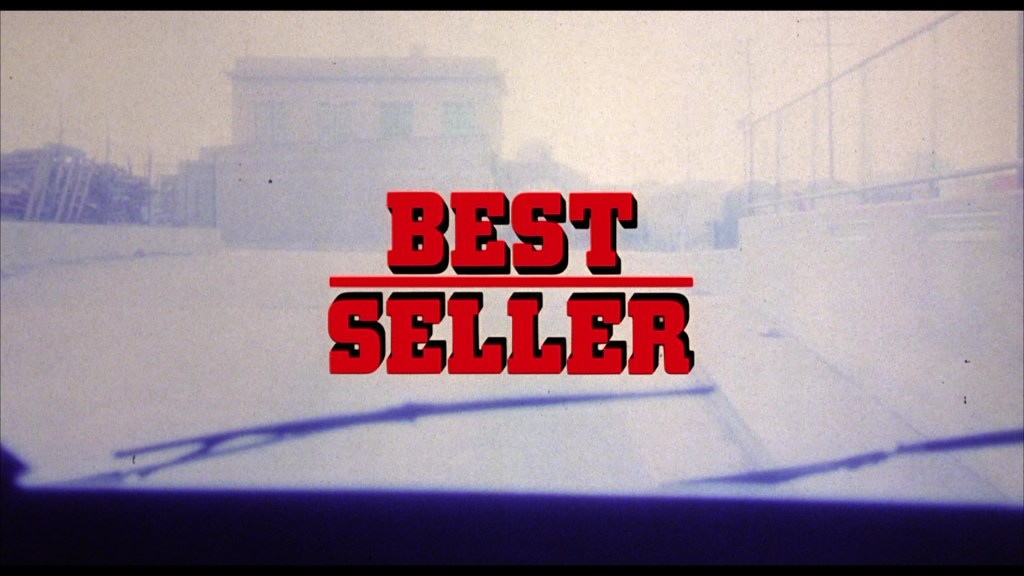Title card for the film 'Best Seller' with a blurred background, showing the title prominently in red and black text.