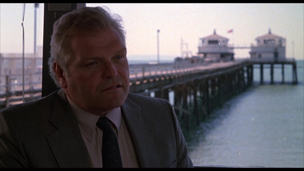 A close-up of a middle-aged man in a suit, looking serious, with a pier and water in the background.