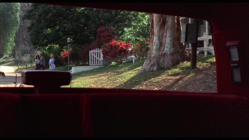 View from inside a car showing two women walking on a path near a white fence and blooming bushes in a residential area.