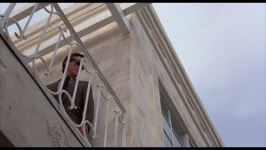 A man in sunglasses stands on a balcony, gazing downwards, with a white building and cloudy sky in the background.
