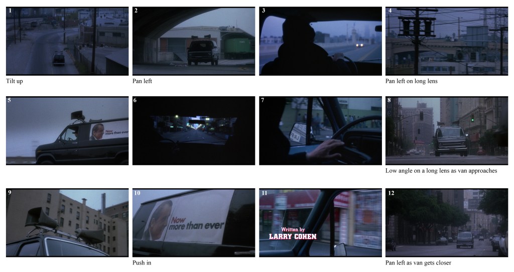 Aerial view of a road tilting up towards a van.