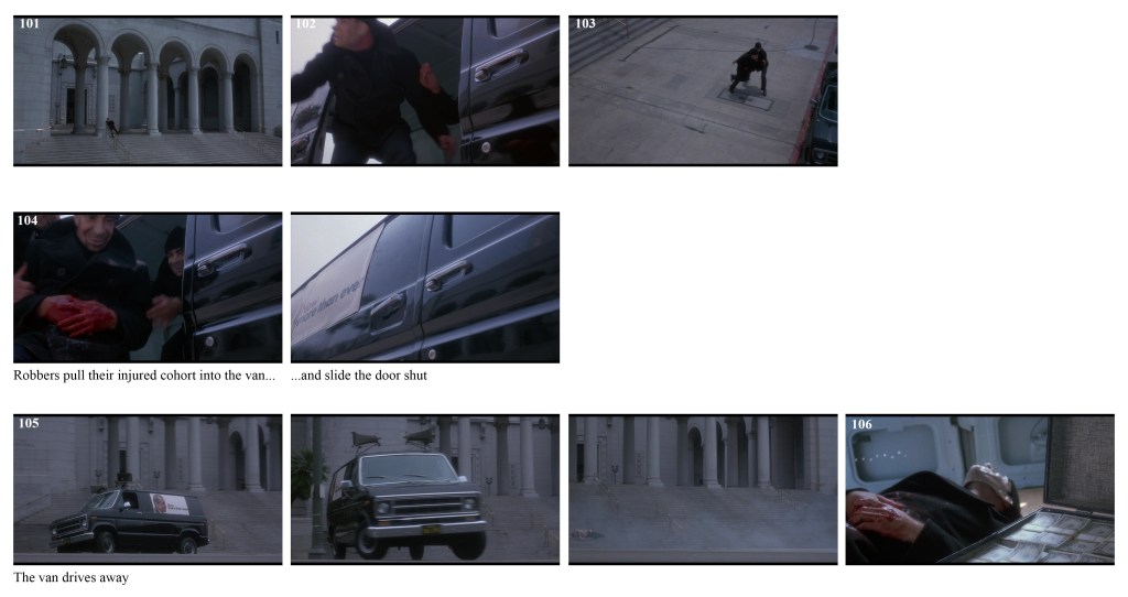 A figure is shown trying to escape towards a van.