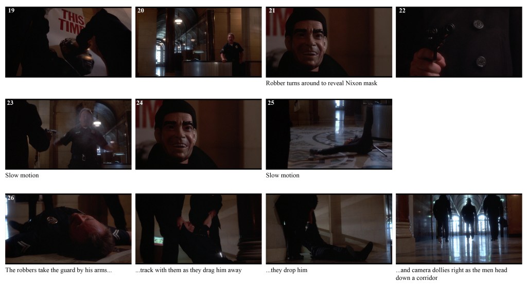 A police officer approaches a poster in a dimly lit hallway.