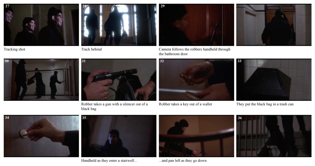 Tracking shot of two robbers in dark clothing