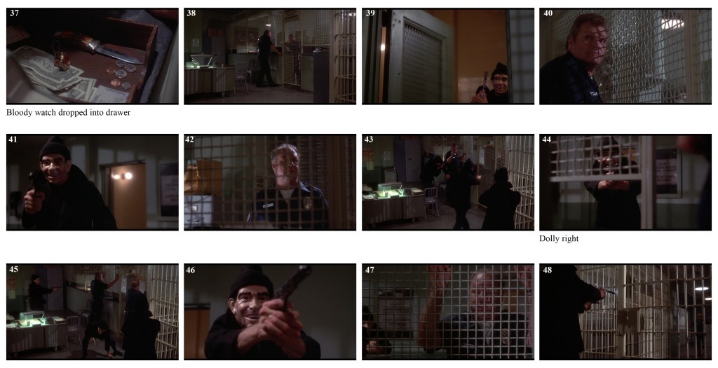 A close-up of a drawer containing a bloody watch, a gun, and money.