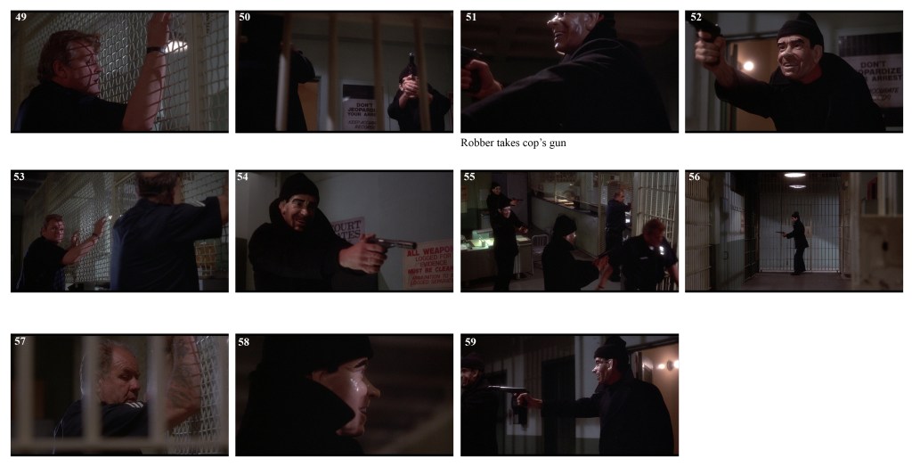 A person being restrained behind bars, looking surprised.