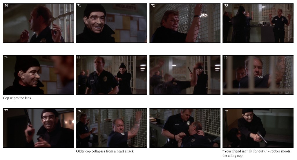 A cop turns away, surprised or alert.