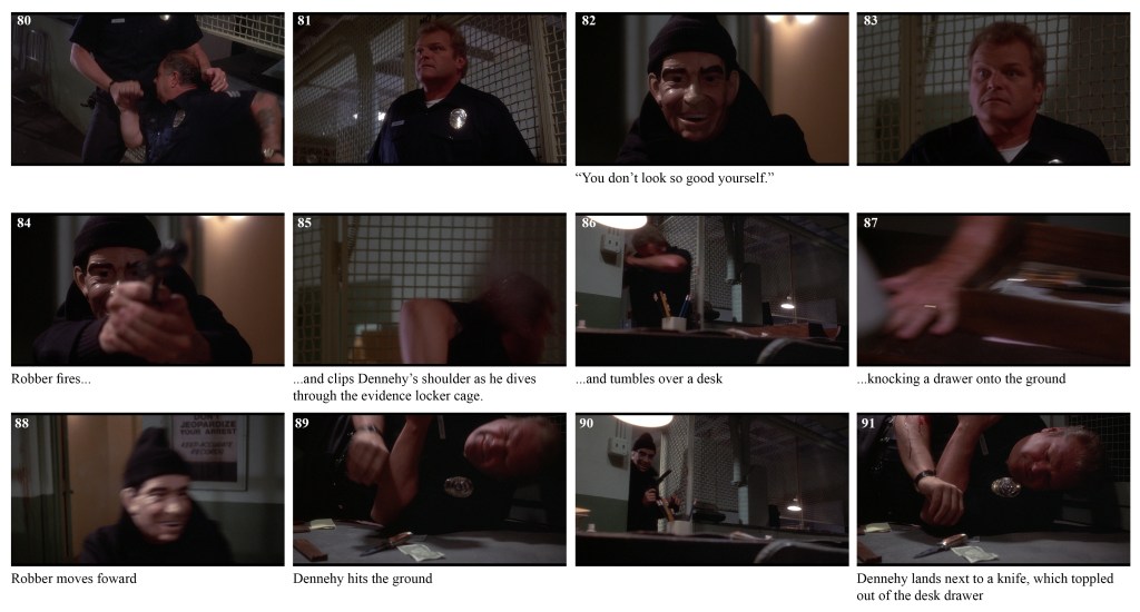 An officer grapples with a robber in a police station.