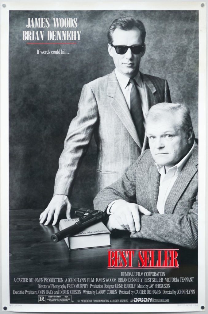Movie poster for 'Best Seller' featuring James Woods and Brian Dennehy, with the tagline 'If words could kill...'.