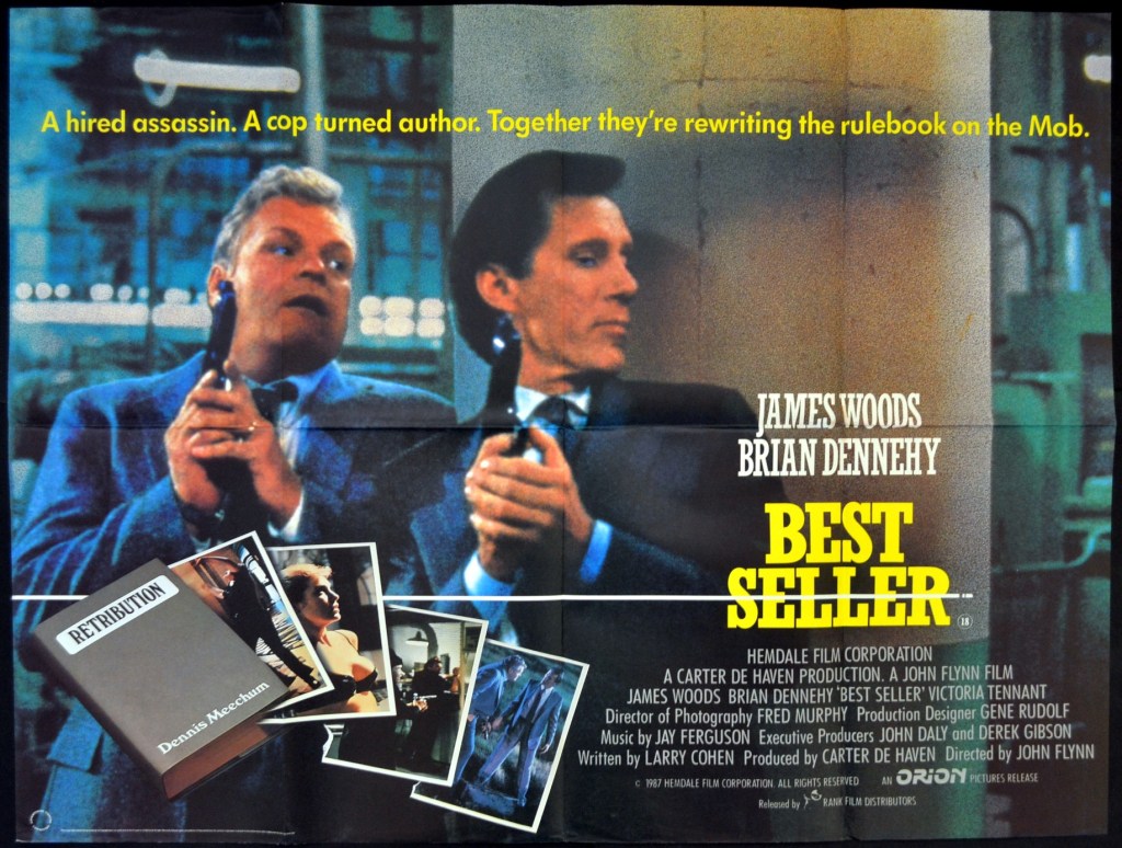 Movie poster for 'Best Seller' featuring the tagline about a hired assassin and a cop turned author, with images of the characters and a book titled 'Retribution' by Dennis Meechum.