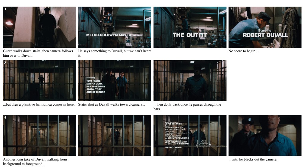 A guard walks down stairs in a dimly lit prison environment, following the camera.