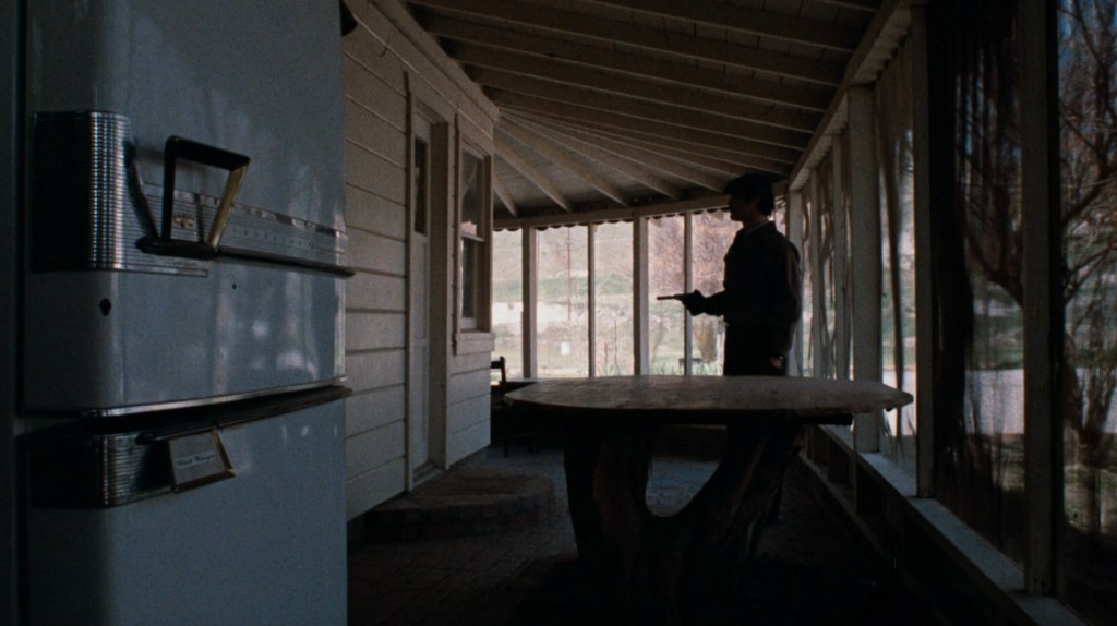 A person standing in a porch area, holding a firearm, with a white refrigerator in the foreground and a wooden table beside them.