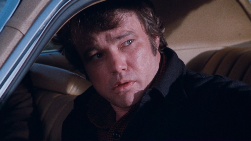 Close-up of a man with light brown hair and a concerned expression sitting in a car, looking out from the passenger seat.