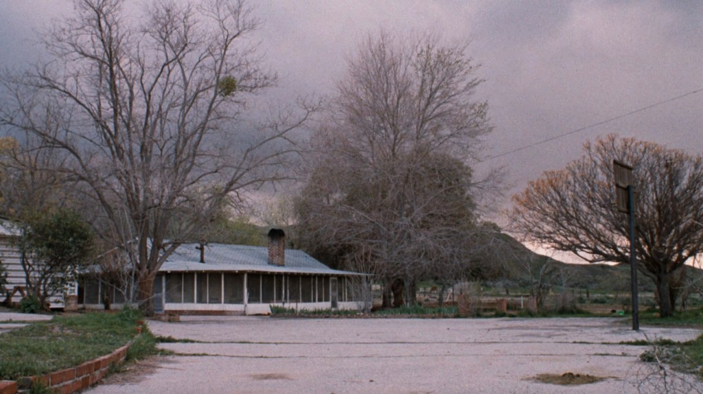 An abandoned house with a porch surrounded by bare trees and an empty dirt driveway under a cloudy sky.
