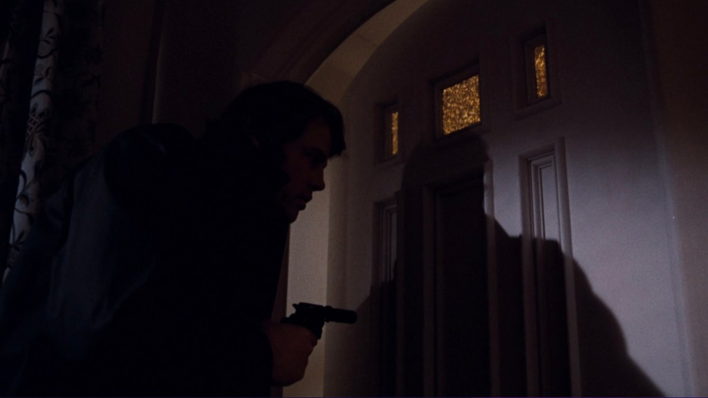 A shadowy figure holding a gun, stealthily approaching a door with glass panels, creating a tense and suspenseful atmosphere.