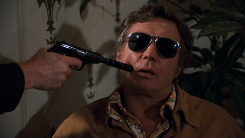 A man wearing sunglasses looks anxious as a gun is pointed at his face by a person's hand.