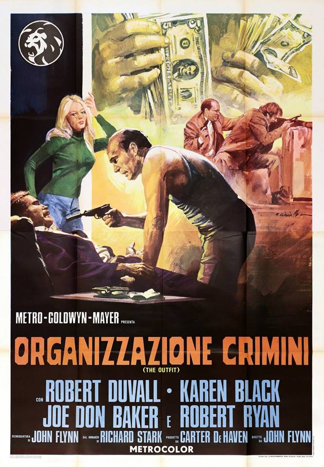 Vintage movie poster for 'Organizzazione Crimini' (The Outfit) featuring illustrated characters in a crime setting, with a focus on money exchange and tension.