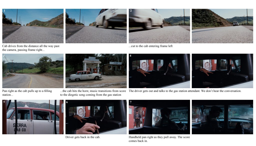 A cab driving down a road towards the camera, passing it on the right.