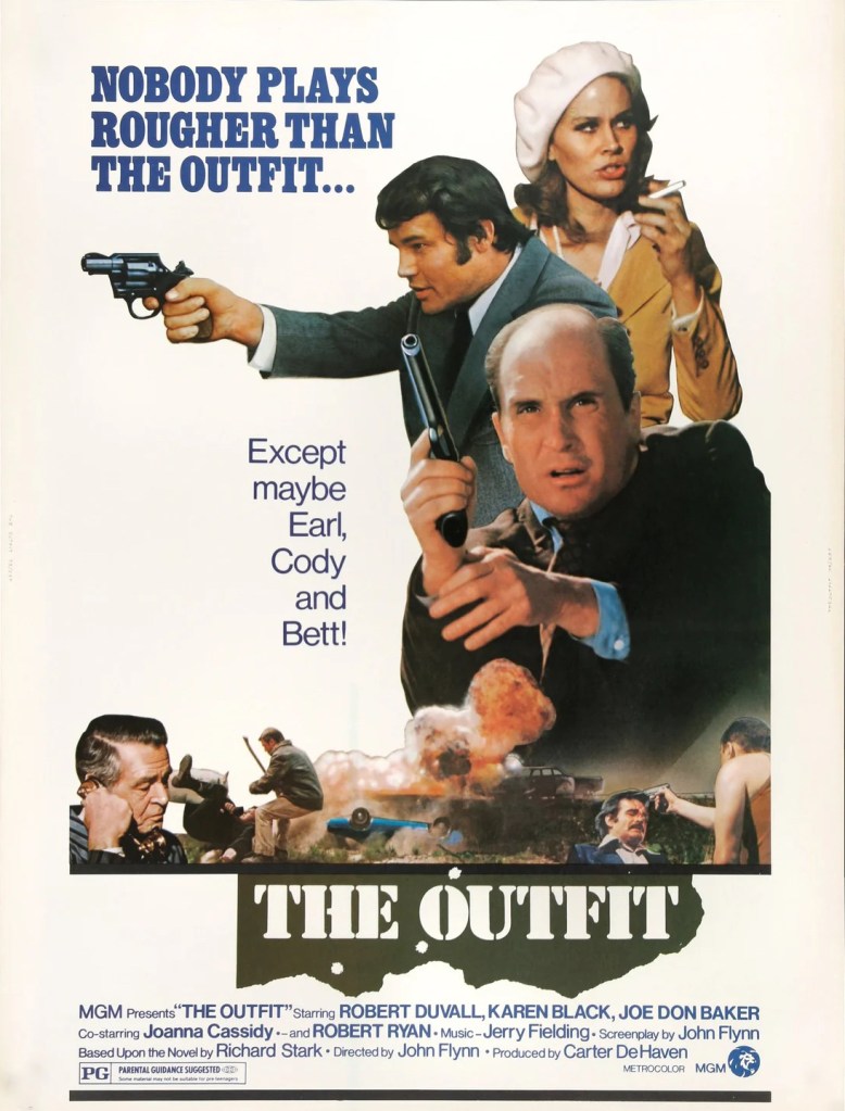 Movie poster for 'The Outfit' featuring several characters in dynamic poses with guns, explosions in the background, and text highlighting the film's tough themes.