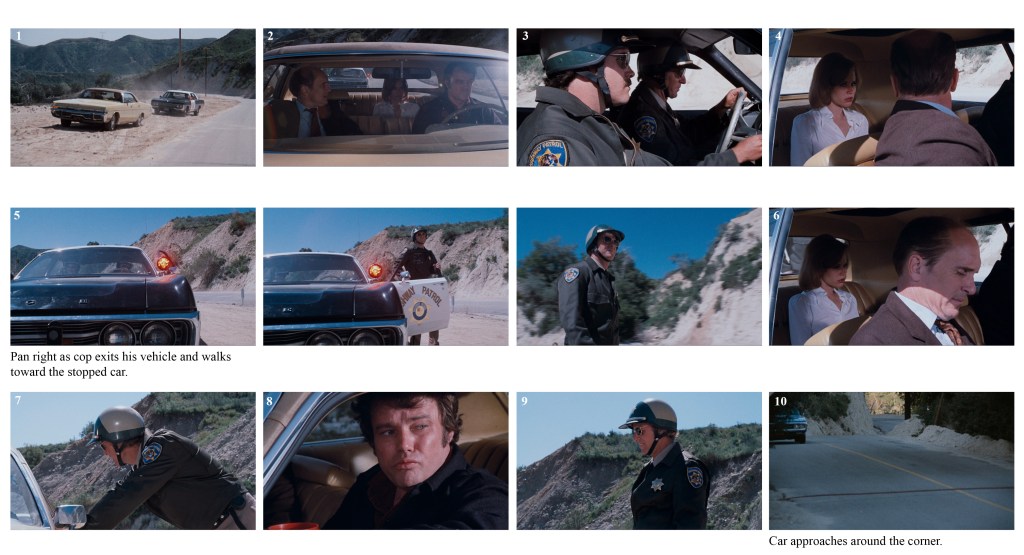 A dusty road with two cars, one being chased by the other, a police vehicle.